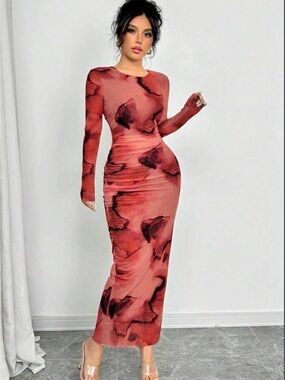 Abstract Print Maxi Dress Pink & Black Size Large